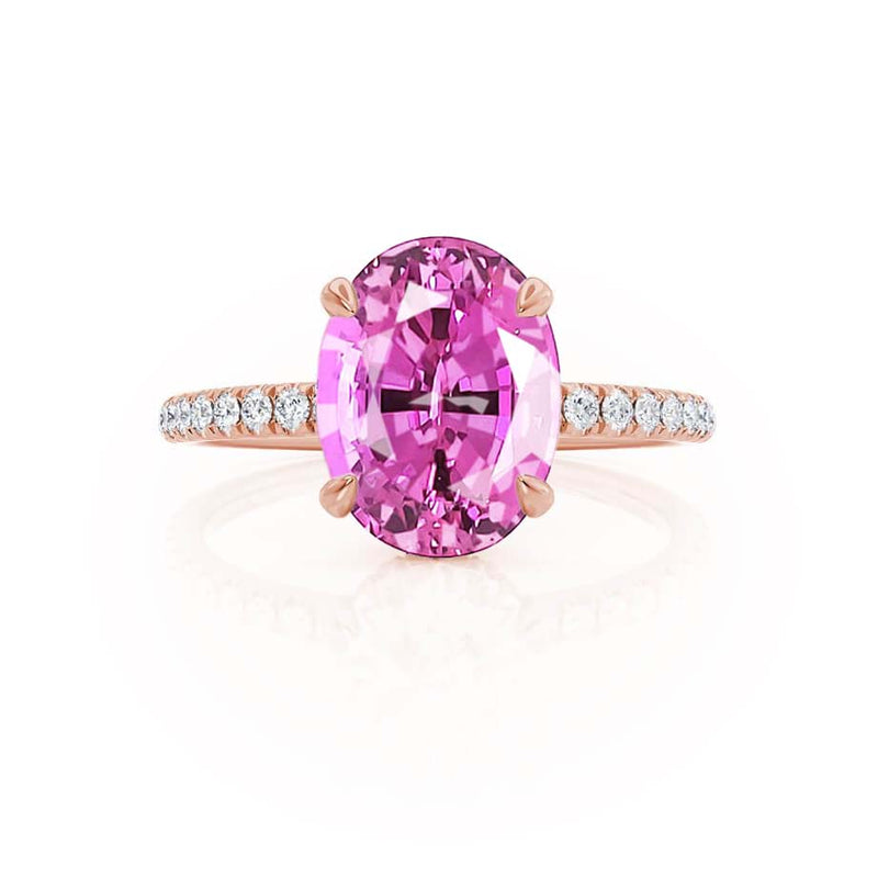 LIVELY - Chatham® Oval Pink Sapphire 18k Rose Gold Petite Hidden Halo Pavé Shoulder Set Ring