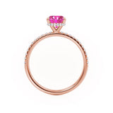 LIVELY - Chatham® Oval Pink Sapphire 18k Rose Gold Petite Hidden Halo Pavé Shoulder Set Ring