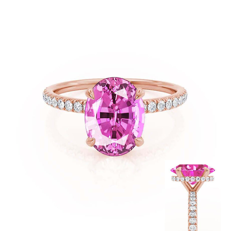 LIVELY - Chatham® Oval Pink Sapphire 18k Rose Gold Petite Hidden Halo Pavé Shoulder Set Ring