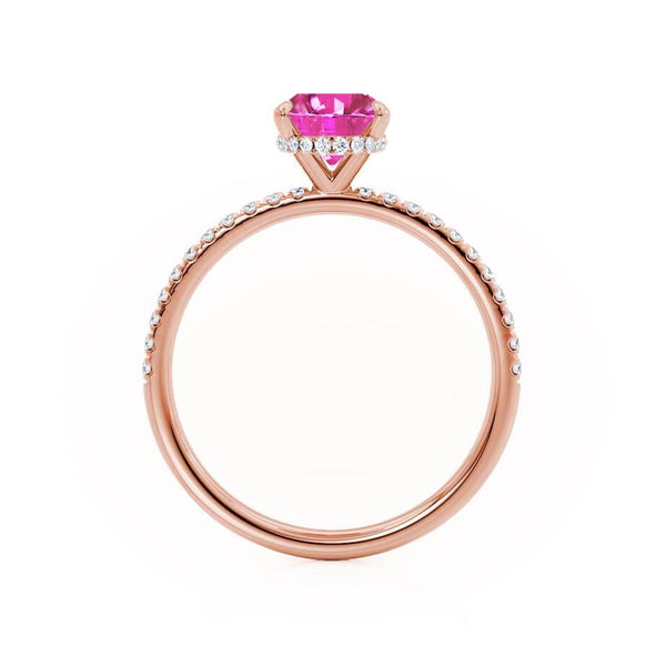 LIVELY - Chatham® Oval Pink Sapphire 18k Rose Gold Petite Hidden Halo Pavé Shoulder Set Ring