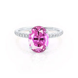 LIVELY - Chatham® Oval Pink Sapphire 950 Platinum Petite Hidden Halo Pavé Shoulder Set Ring