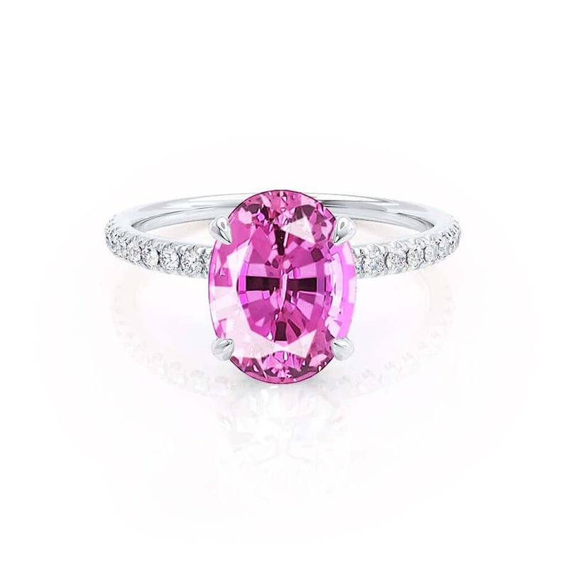 LIVELY - Chatham® Oval Pink Sapphire 950 Platinum Petite Hidden Halo Pavé Shoulder Set Ring