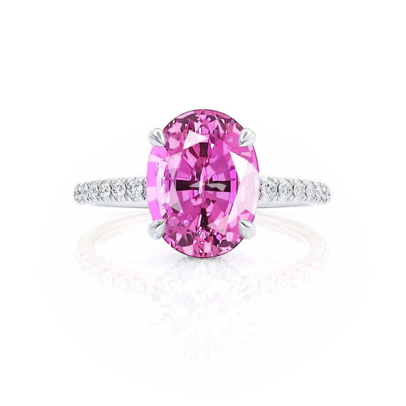 LIVELY - Chatham® Oval Pink Sapphire 950 Platinum Petite Hidden Halo Pavé Shoulder Set Ring