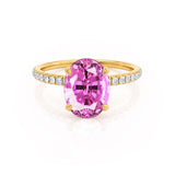 LIVELY - Chatham® Oval Pink Sapphire 18k Yellow Gold Petite Hidden Halo Pavé Shoulder Set Ring