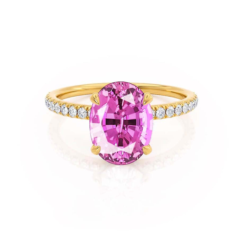 LIVELY - Chatham® Oval Pink Sapphire 18k Yellow Gold Petite Hidden Halo Pavé Shoulder Set Ring