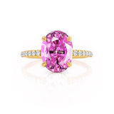 LIVELY - Chatham® Oval Pink Sapphire 18k Yellow Gold Petite Hidden Halo Pavé Shoulder Set Ring