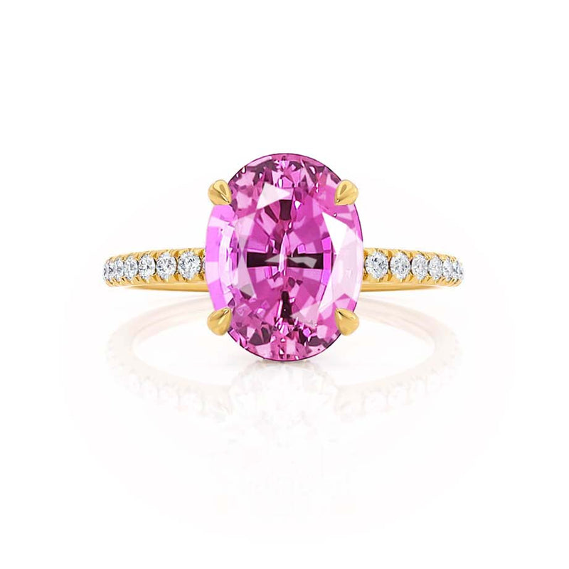 LIVELY - Chatham® Oval Pink Sapphire 18k Yellow Gold Petite Hidden Halo Pavé Shoulder Set Ring