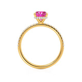 LIVELY - Chatham® Oval Pink Sapphire 18k Yellow Gold Petite Hidden Halo Pavé Shoulder Set Ring