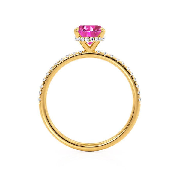 LIVELY - Chatham® Oval Pink Sapphire 18k Yellow Gold Petite Hidden Halo Pavé Shoulder Set Ring