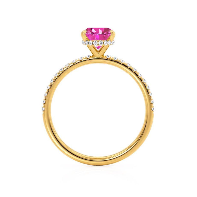 LIVELY - Chatham® Oval Pink Sapphire 18k Yellow Gold Petite Hidden Halo Pavé Shoulder Set Ring