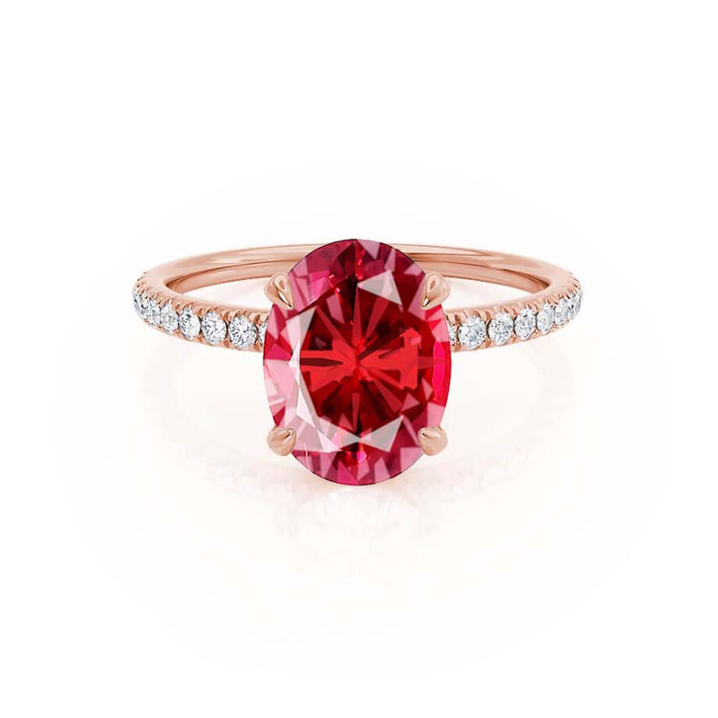 LIVELY - Chatham® Oval Ruby 18k Rose Gold Petite Hidden Halo Pavé Shoulder Set Ring