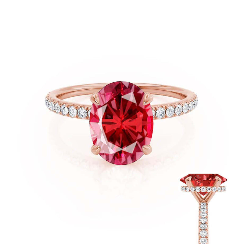 LIVELY - Chatham® Oval Ruby 18k Rose Gold Petite Hidden Halo Pavé Shoulder Set Ring