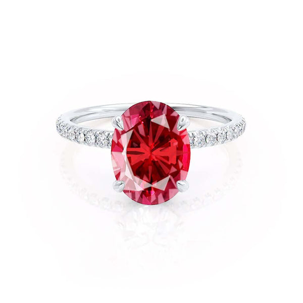 LIVELY - Chatham® Oval Ruby 950 Platinum Petite Hidden Halo Pavé Shoulder Set Ring