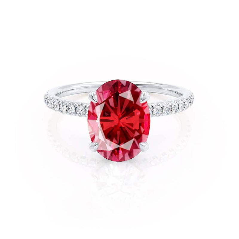 LIVELY - Chatham® Oval Ruby 18k White Gold Petite Hidden Halo Pavé Shoulder Set Ring