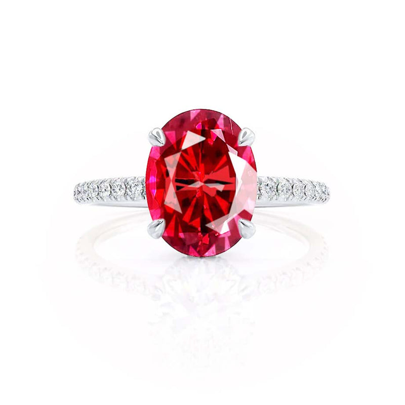 LIVELY - Chatham® Oval Ruby 18k White Gold Petite Hidden Halo Pavé Shoulder Set Ring