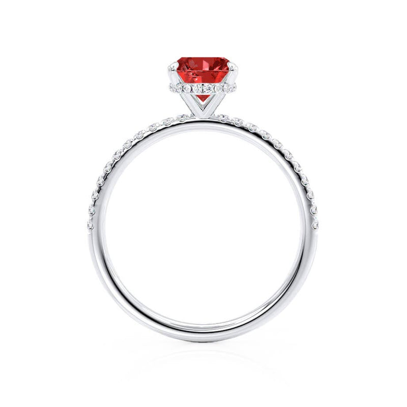 LIVELY - Chatham® Oval Ruby 18k White Gold Petite Hidden Halo Pavé Shoulder Set Ring