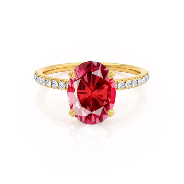 LIVELY - Chatham® Oval Ruby 18k Yellow Gold Petite Hidden Halo Pavé Shoulder Set Ring