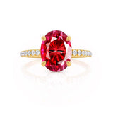 LIVELY - Chatham® Oval Ruby 18k Yellow Gold Petite Hidden Halo Pavé Shoulder Set Ring