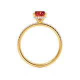 LIVELY - Chatham® Oval Ruby 18k Yellow Gold Petite Hidden Halo Pavé Shoulder Set Ring