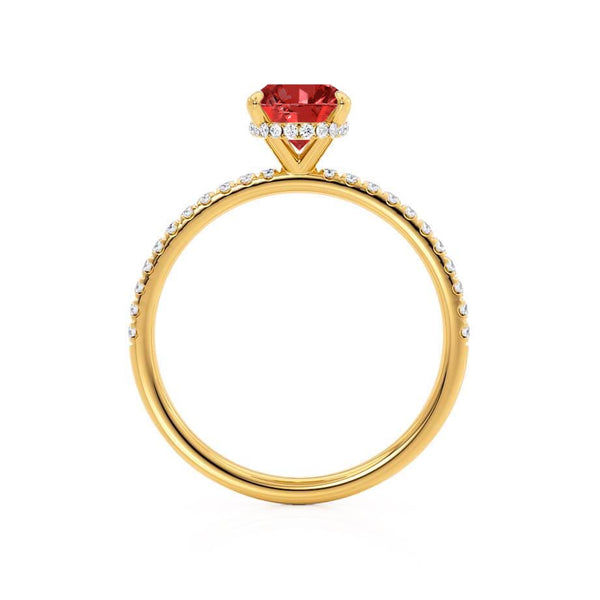 LIVELY - Chatham® Oval Ruby 18k Yellow Gold Petite Hidden Halo Pavé Shoulder Set Ring