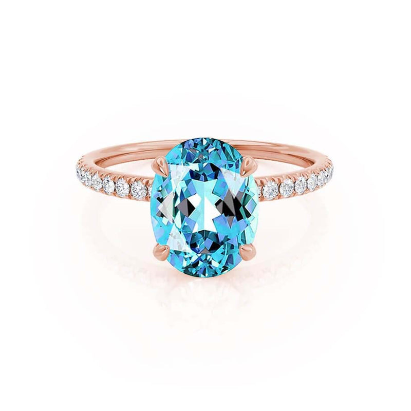 LIVELY - Chatham® Oval Aqua Spinel 18k Rose Gold Petite Hidden Halo Pavé Shoulder Set Ring