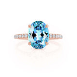 LIVELY - Chatham® Oval Aqua Spinel 18k Rose Gold Petite Hidden Halo Pavé Shoulder Set Ring