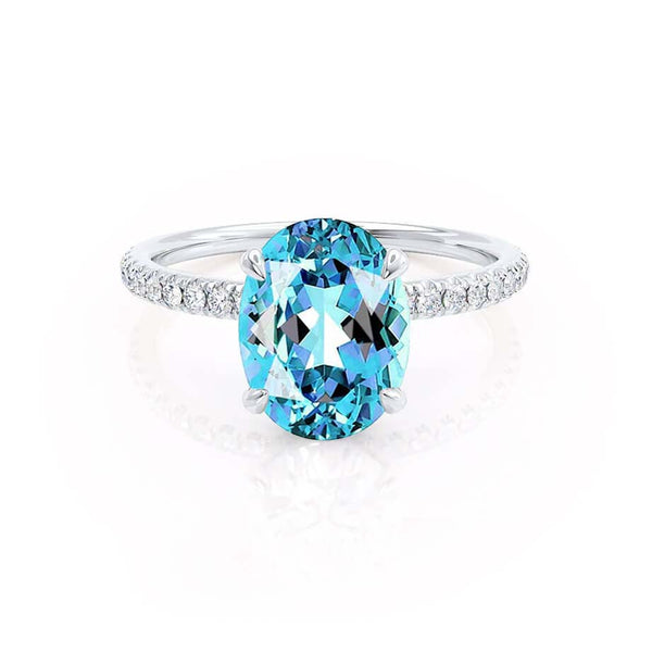 LIVELY - Chatham® Oval Aqua Spinel 18k White Gold Petite Hidden Halo Pavé Shoulder Set Ring