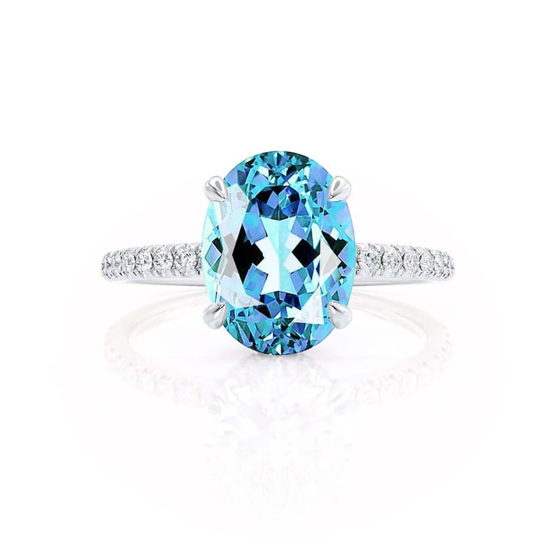 LIVELY - Chatham® Oval Aqua Spinel 950 Platinum Petite Hidden Halo Pavé Shoulder Set Ring