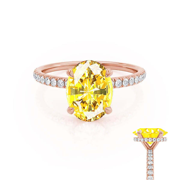 LIVELY - Chatham® Oval Yellow Sapphire 18k Rose Gold Petite Hidden Halo Pavé Shoulder Set Ring
