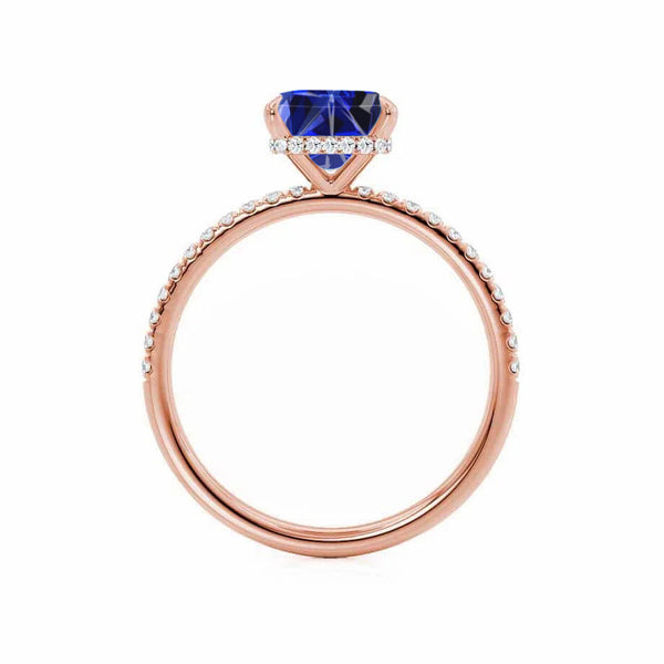 LIVELY - Chatham® Princess Blue Sapphire 18k Rose Gold Petite Hidden Halo Pavé Shoulder Set Ring