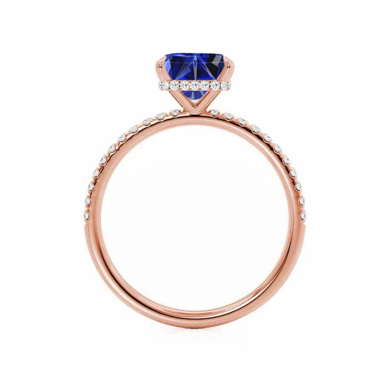 LIVELY - Chatham® Princess Blue Sapphire 18k Rose Gold Petite Hidden Halo Pavé Shoulder Set Ring