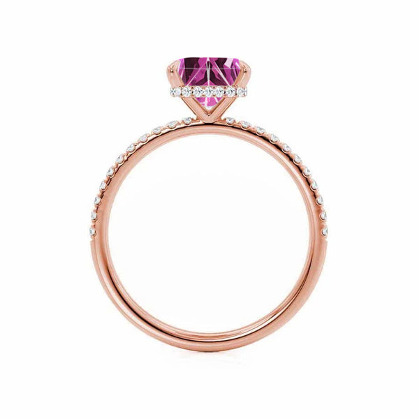 LIVELY - Chatham® Princess Pink Sapphire 18k Rose Gold Petite Hidden Halo Pavé Shoulder Set Ring