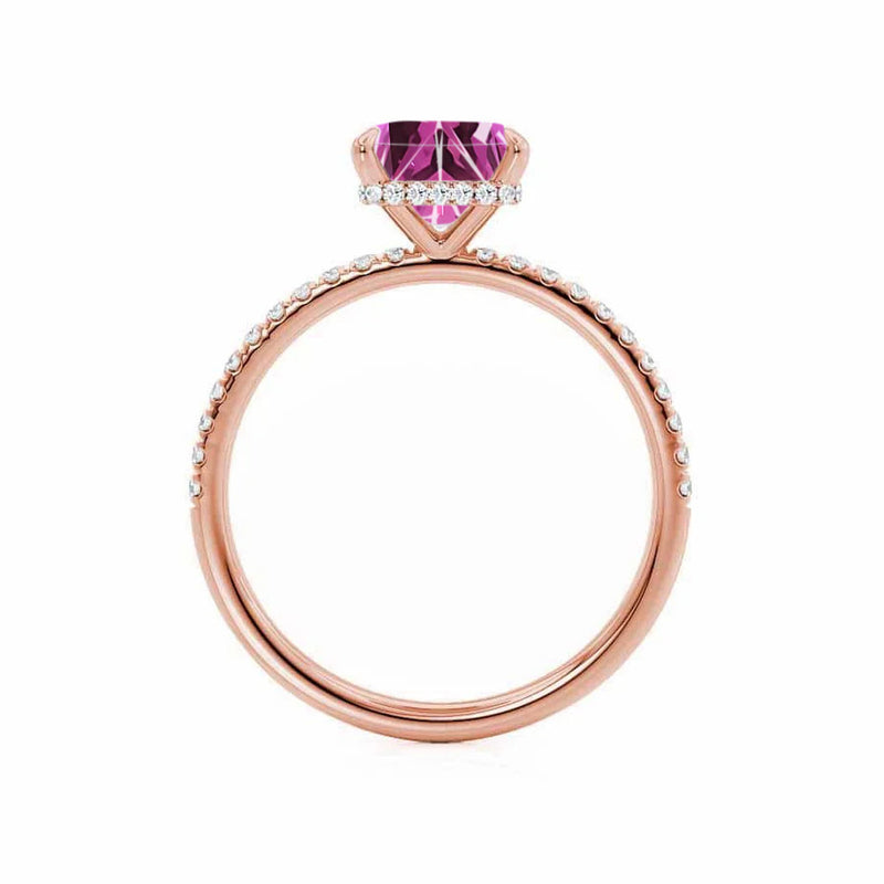 LIVELY - Chatham® Princess Pink Sapphire 18k Rose Gold Petite Hidden Halo Pavé Shoulder Set Ring
