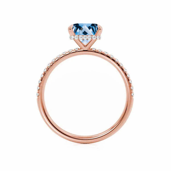 LIVELY - Chatham® Princess Aqua Spinel 18k Rose Gold Petite Hidden Halo Pavé Shoulder Set Ring