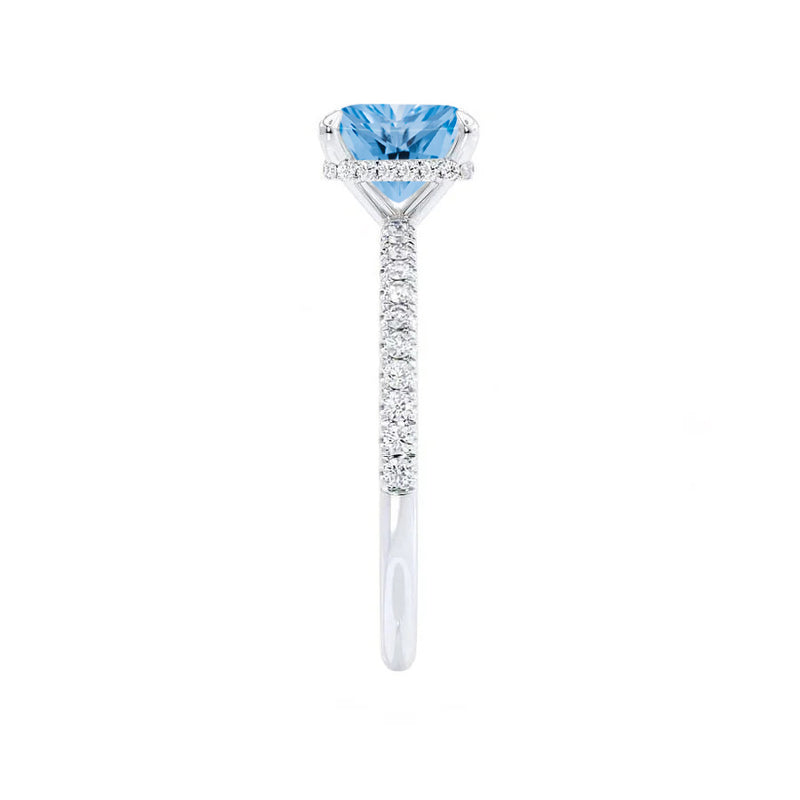 LIVELY - Chatham® Princess Aqua Spinel 950 Platinum Petite Hidden Halo Pavé Shoulder Set Ring