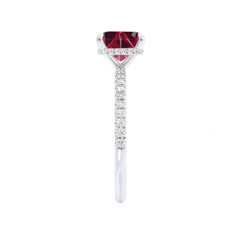 LIVELY - Chatham® Princess Ruby 18k White Gold Petite Hidden Halo Pavé Shoulder Set Ring