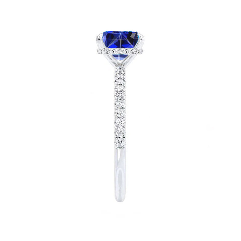LIVELY - Chatham® Princess Blue Sapphire 950 Platinum Petite Hidden Halo Pavé Shoulder Set Ring