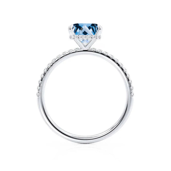 LIVELY - Chatham® Princess Aqua Spinel 950 Platinum Petite Hidden Halo Pavé Shoulder Set Ring