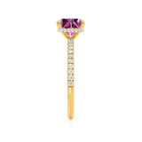 LIVELY - Chatham® Princess Pink Sapphire 18k Yellow Gold Petite Hidden Halo Pavé Shoulder Set Ring