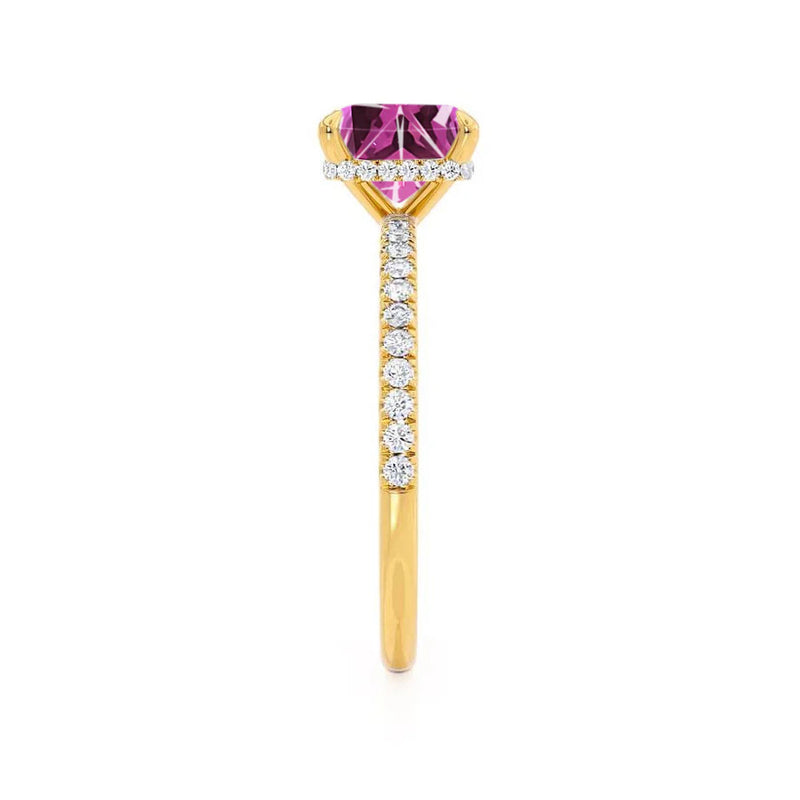 LIVELY - Chatham® Princess Pink Sapphire 18k Yellow Gold Petite Hidden Halo Pavé Shoulder Set Ring