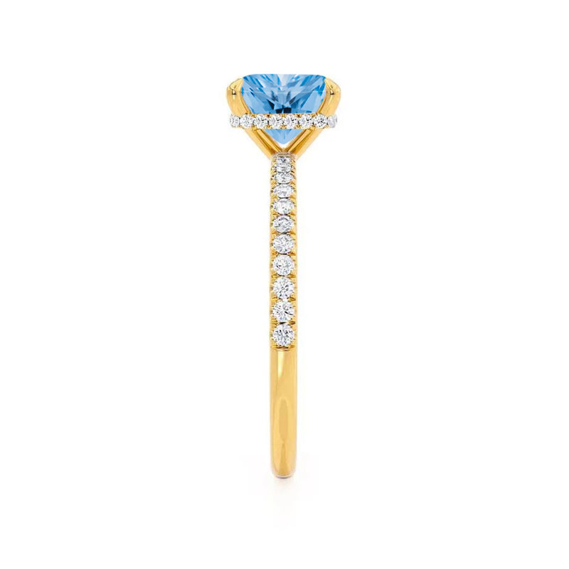 LIVELY - Chatham® Princess Aqua Spinel 18k Yellow Gold Petite Hidden Halo Pavé Shoulder Set Ring