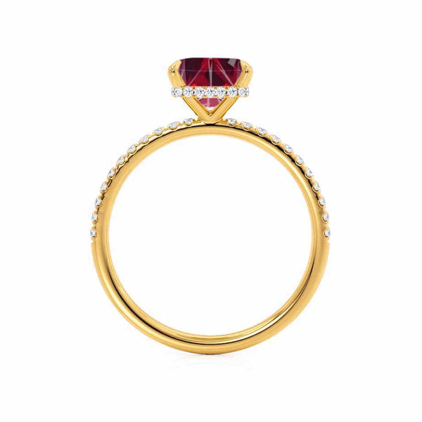 LIVELY - Chatham® Princess Ruby 18k Yellow Gold Petite Hidden Halo Pavé Shoulder Set Ring