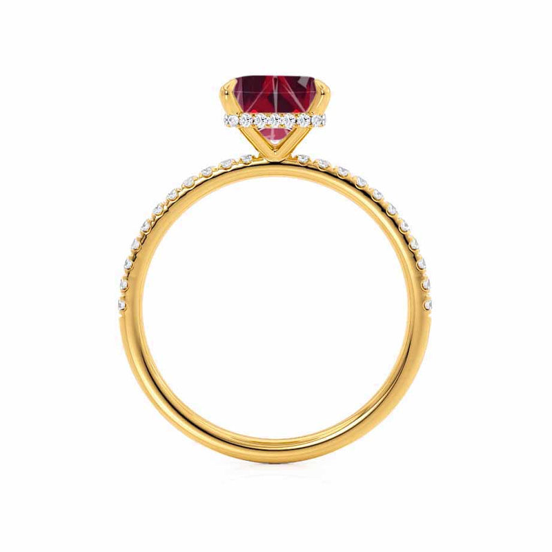 LIVELY - Chatham® Princess Ruby 18k Yellow Gold Petite Hidden Halo Pavé Shoulder Set Ring