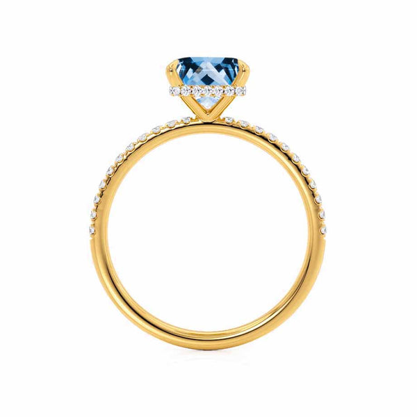 LIVELY - Chatham® Princess Aqua Spinel 18k Yellow Gold Petite Hidden Halo Pavé Shoulder Set Ring