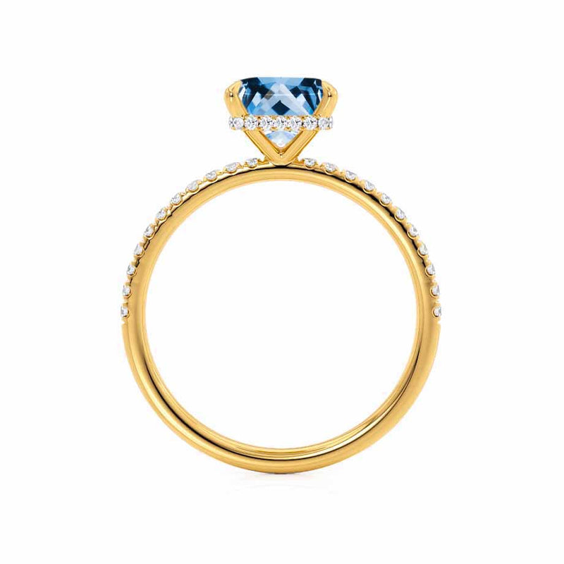 LIVELY - Chatham® Princess Aqua Spinel 18k Yellow Gold Petite Hidden Halo Pavé Shoulder Set Ring