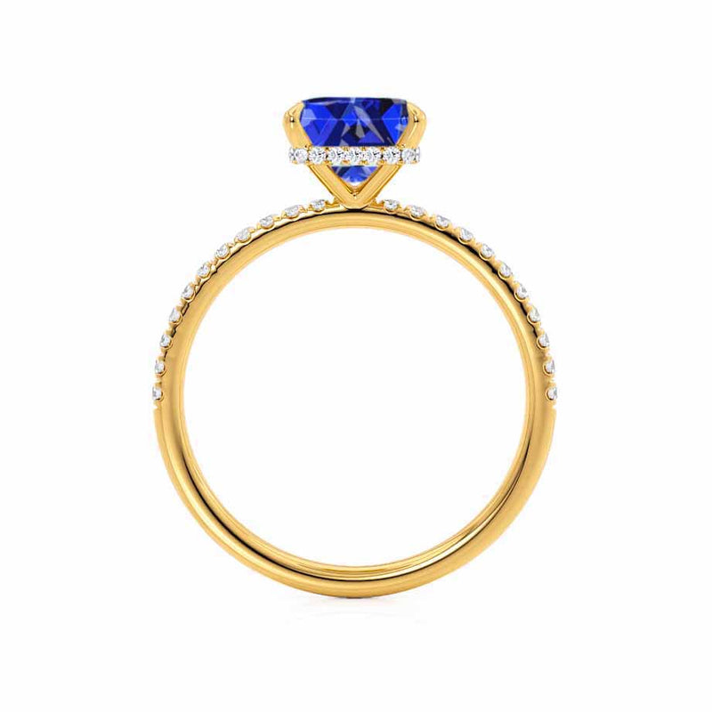 LIVELY - Chatham® Princess Blue Sapphire 18k Yellow Gold Petite Hidden Halo Pavé Shoulder Set Ring
