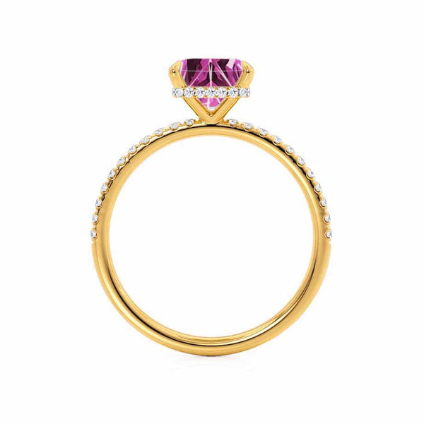 LIVELY - Chatham® Princess Pink Sapphire 18k Yellow Gold Petite Hidden Halo Pavé Shoulder Set Ring
