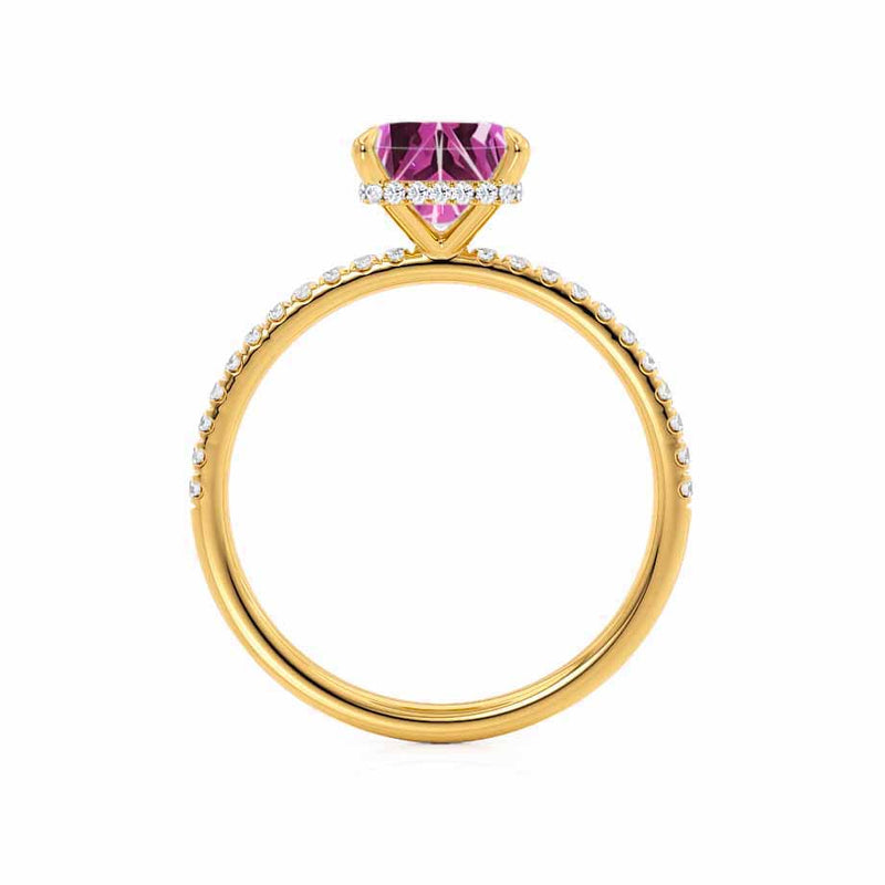 LIVELY - Chatham® Princess Pink Sapphire 18k Yellow Gold Petite Hidden Halo Pavé Shoulder Set Ring
