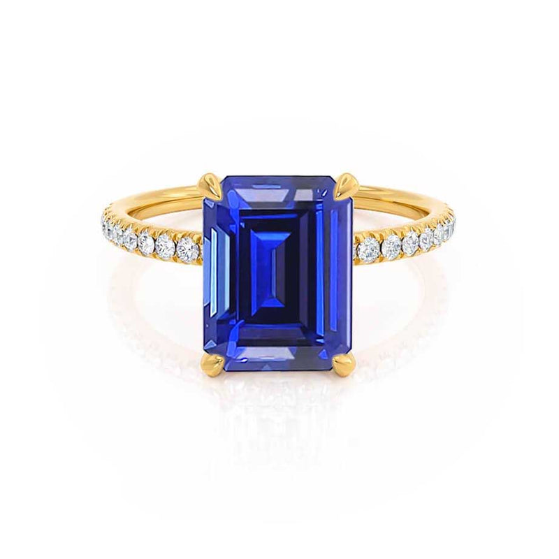 LIVELY - Chatham® Emerald Blue Sapphire & Diamond 18k Yellow Gold Petite Hidden Halo Pavé Shoulder Set Ring