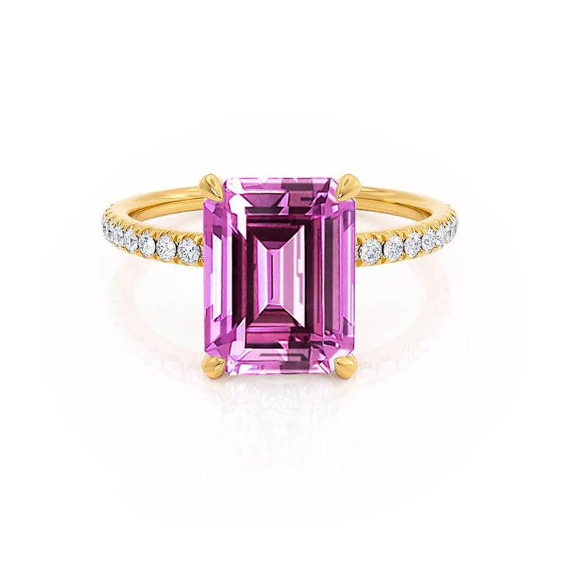 LIVELY - Chatham® Emerald Pink Sapphire & Diamond 18k Yellow Gold Petite Hidden Halo Pavé Shoulder Set Ring